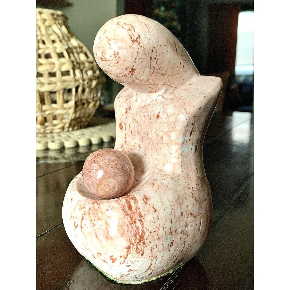 VINTAGE PINK MARBLE SCULPTURE- Abstract Mother & Child, Mid Century Modern 7